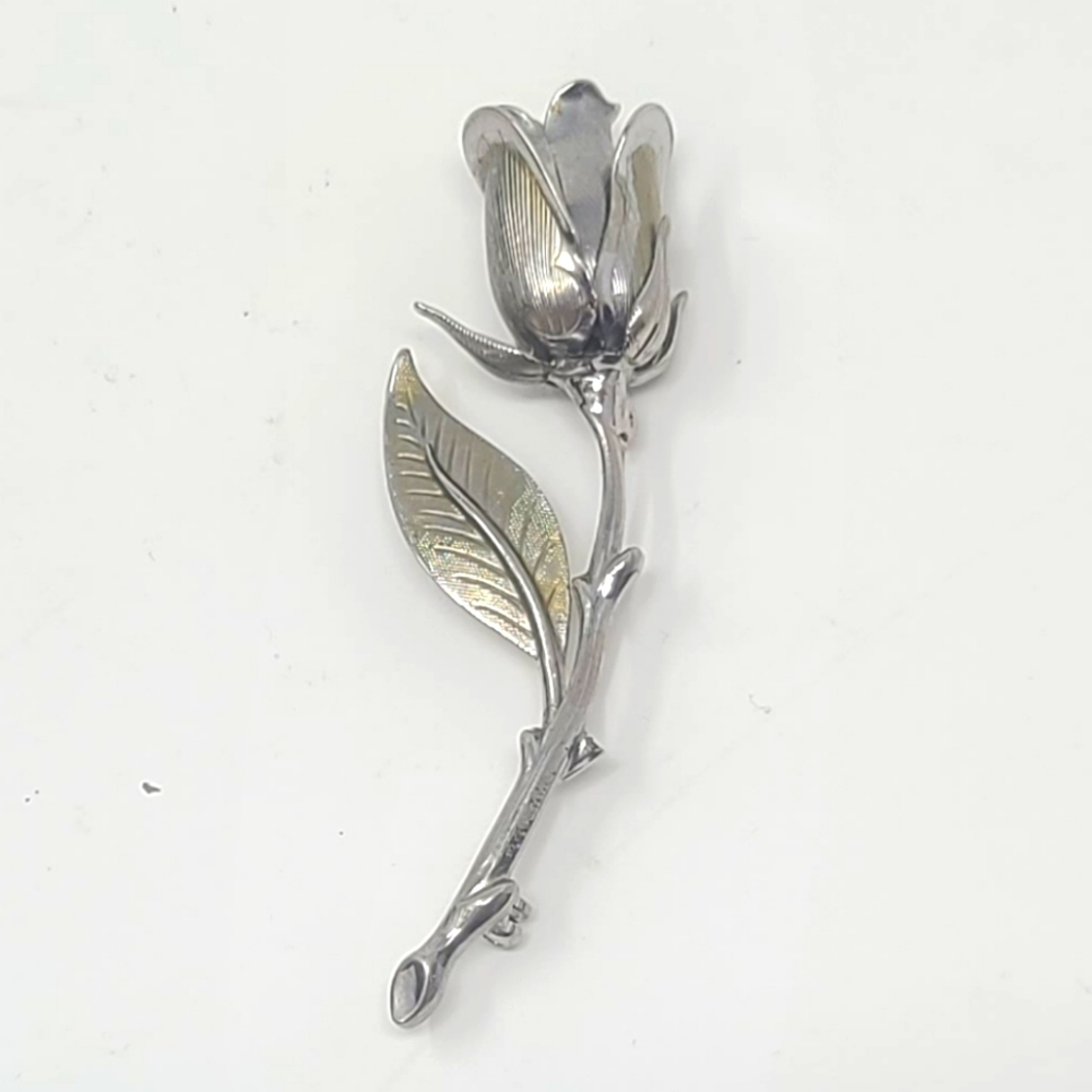 Vintage rose silver tone flower pin brooch